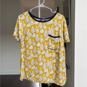 Anthropologie Maeve Yellow Owl Short Sleeve Shirt Size 10